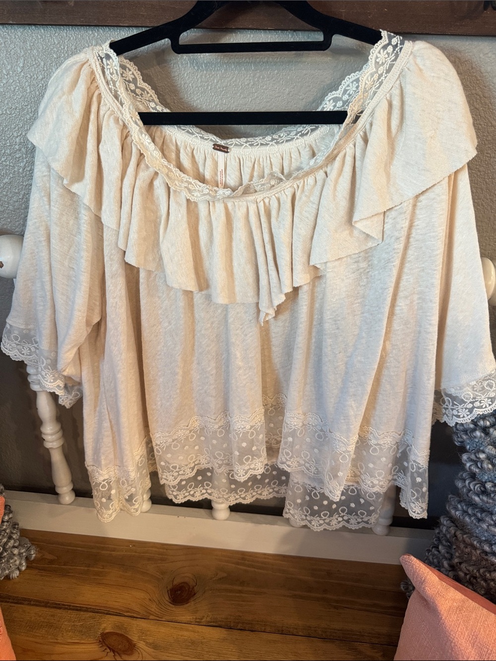 Free People NWT Cream Ruffle Lace-Trim Peasant Blouse